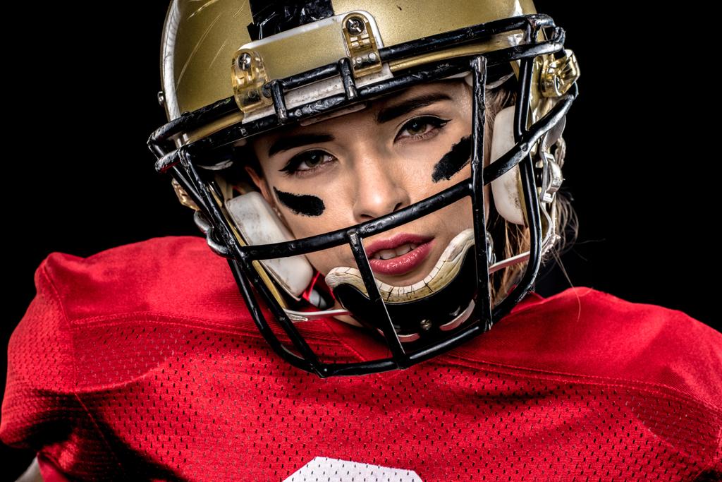 Close Up Portrait Of Female American Football Player In Sportswear And Helmet On Black Royalty Free Photo And Stock Image