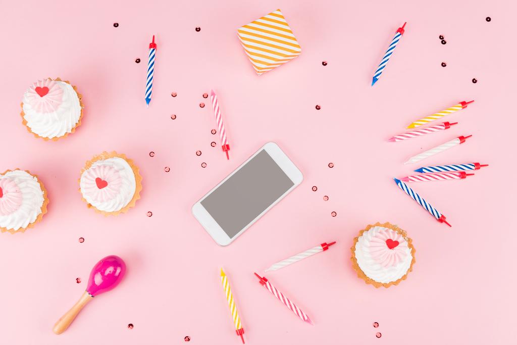 Download Top View Of Cakes With Candles And Smartphone With Beanbag Mock Up Birthday Party Free Stock Photo And Image