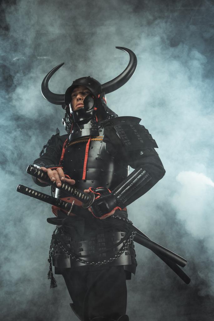 暗い背景の煙と剣と甲冑の武士の底面ビュー ロイヤリティフリー写真 画像素材