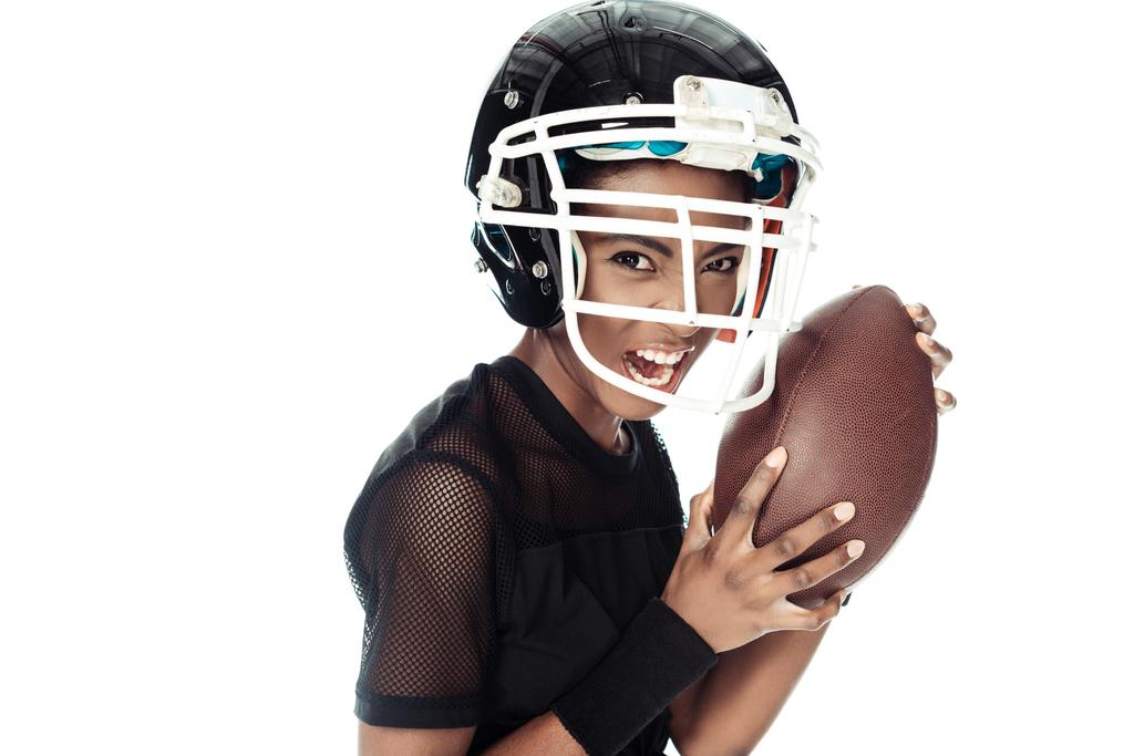 Close Up Portrait Of Emotional Female American Football Player With Ball And In Helmet Isolated On White Free Stock Photo And Image