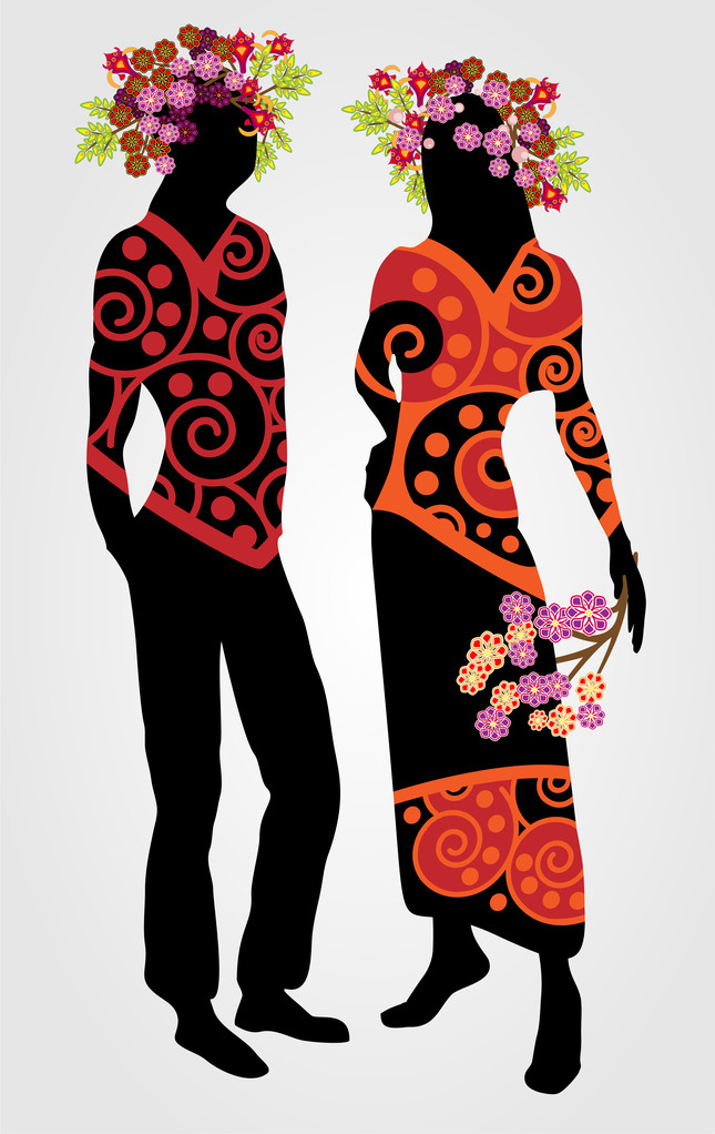 Couple with floral wreath - vector illustration