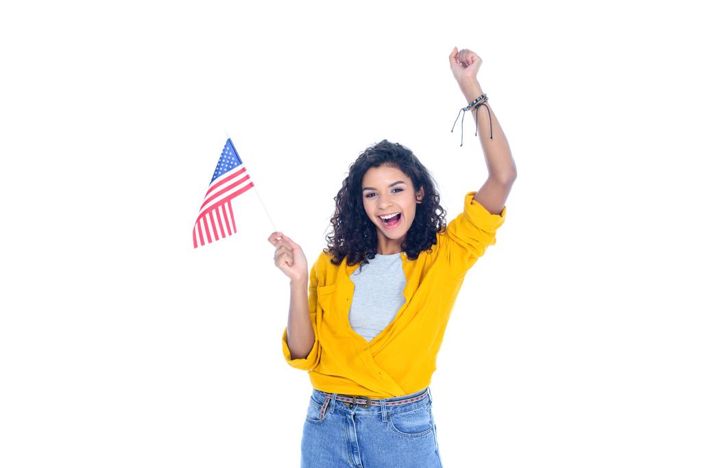 アメリカ国旗の白で隔離と Celebrative 十代アフリカ系アメリカ人学生の女の子 ロイヤリティフリー写真 画像素材