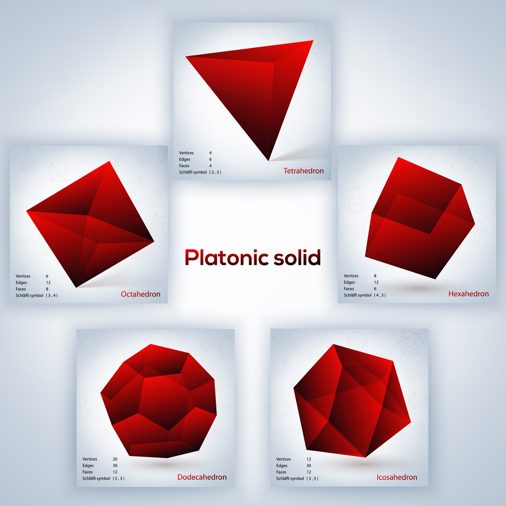 Red set of geometric shapes, platonic solids