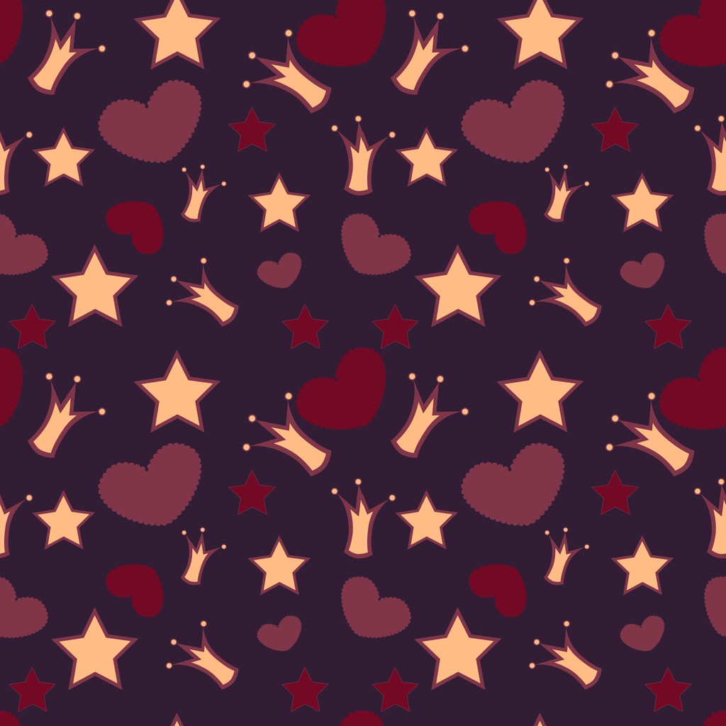 Seamless vector background with crowns, stars and hearts