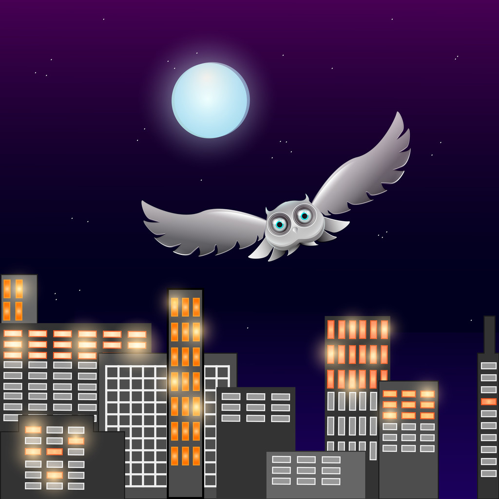 月と夜空に飛んでいるフクロウのベクトル イラストロイヤリティフリーのベクターグラフィック画像