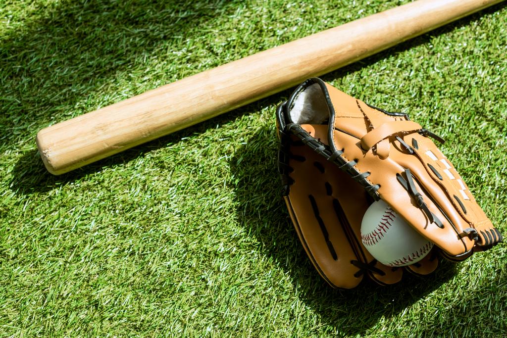 ボールとバットは 緑の草の上に横たわると野球グローブの上から見る ロイヤリティフリー写真 画像素材