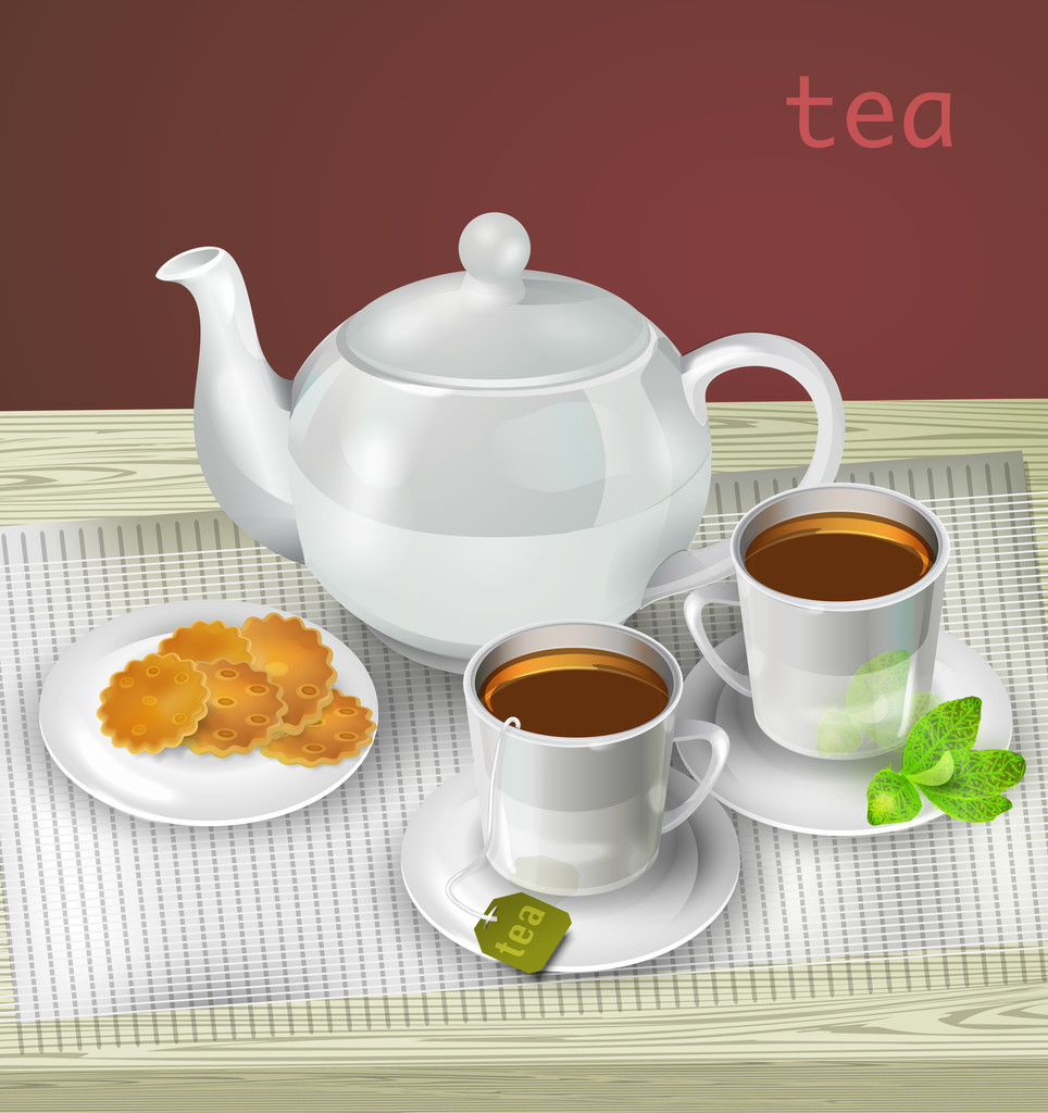 Vector illustration of teapot, cups and cookies