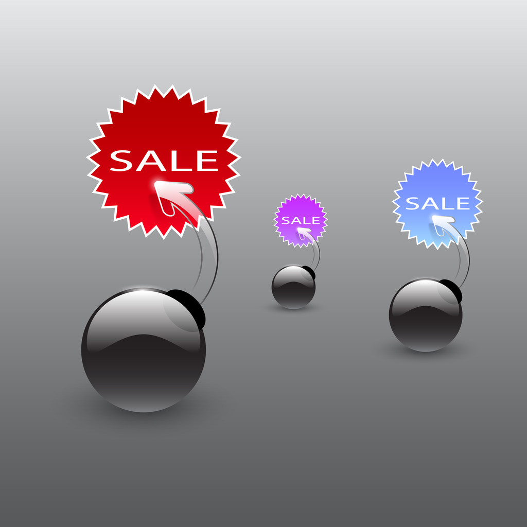 Glossy sale bomb icon set, vector