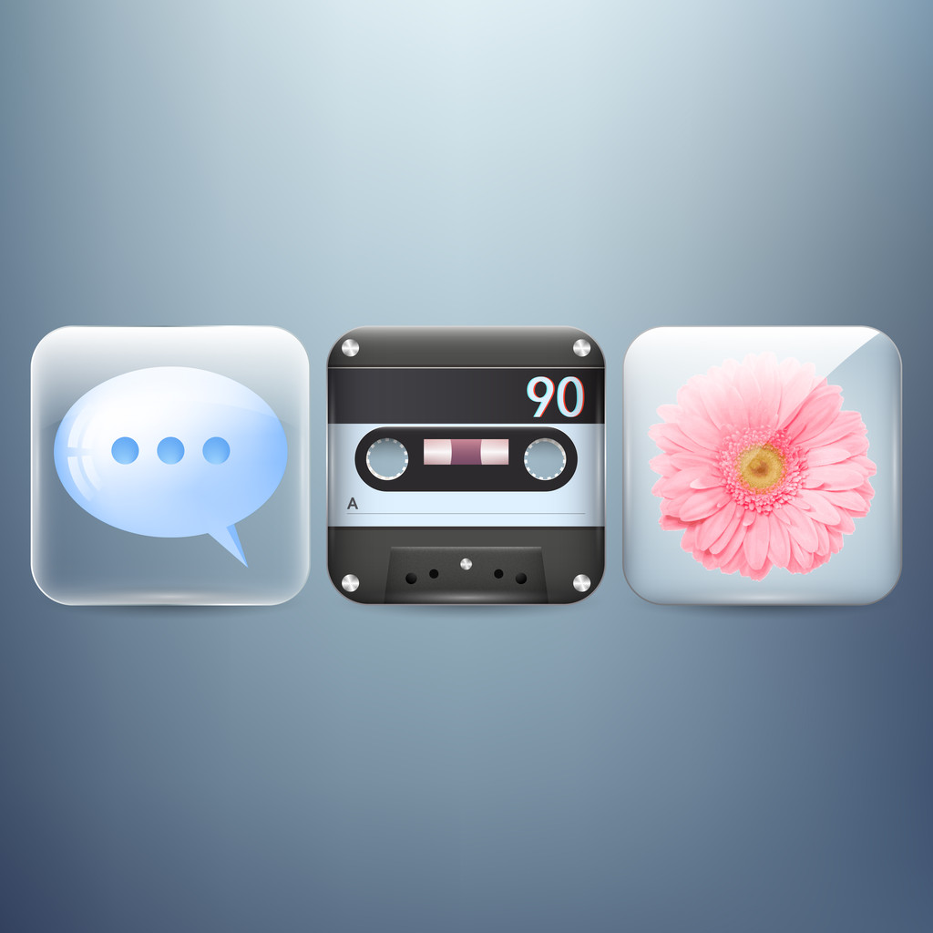 Icons set of flower, speech bubble, cassette