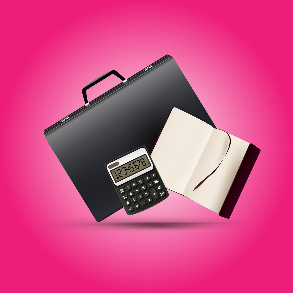 A briefcase, notebook and calculator