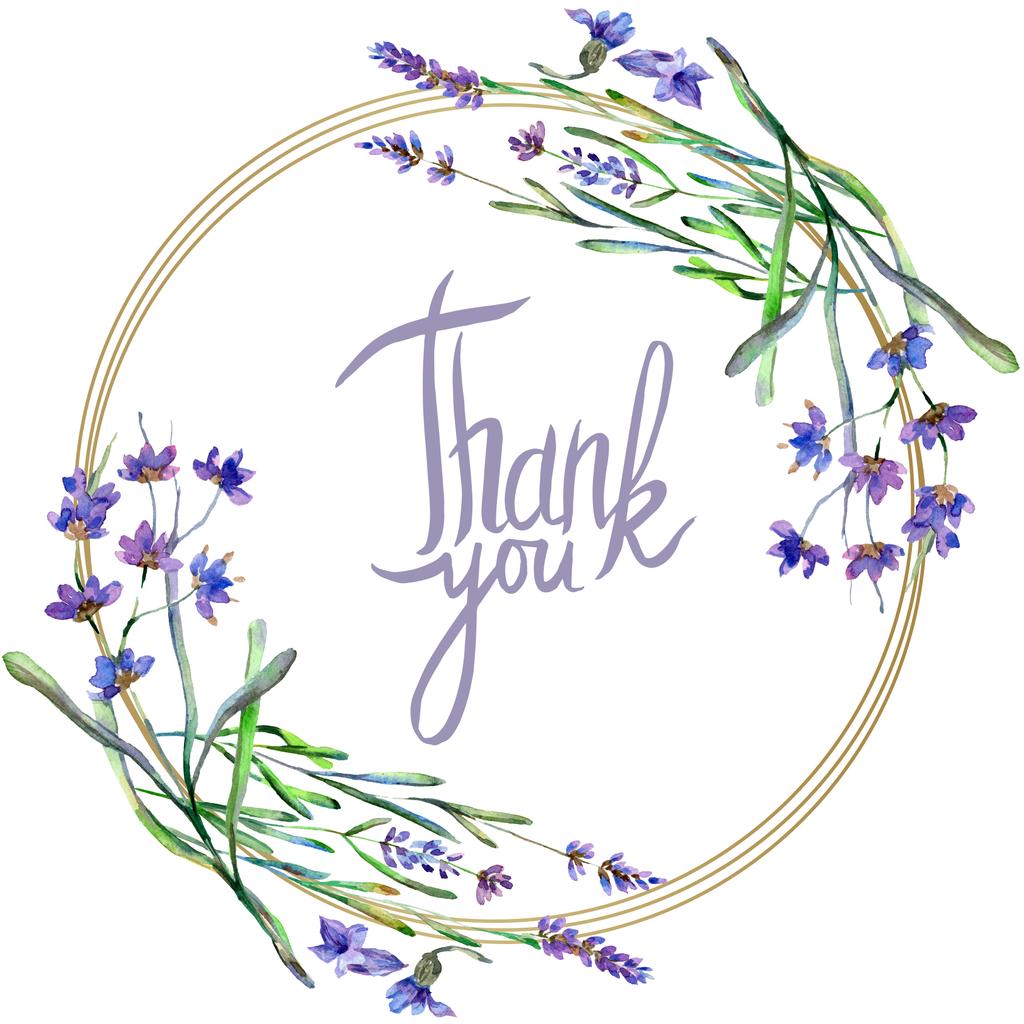 紫のラベンダーの花 手書きモノグラム 書道 ありがとうございます 野生のばねを葉します 水彩画背景イラスト ラウンド フレームの枠線 ロイヤリティフリー写真 画像素材