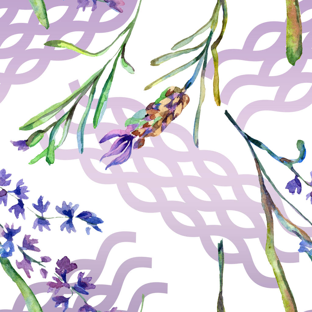 紫のラベンダーの花 シームレスな背景パターン 壁紙印刷手触りの生地 手描き水彩の背景イラスト ロイヤリティフリー写真 画像素材