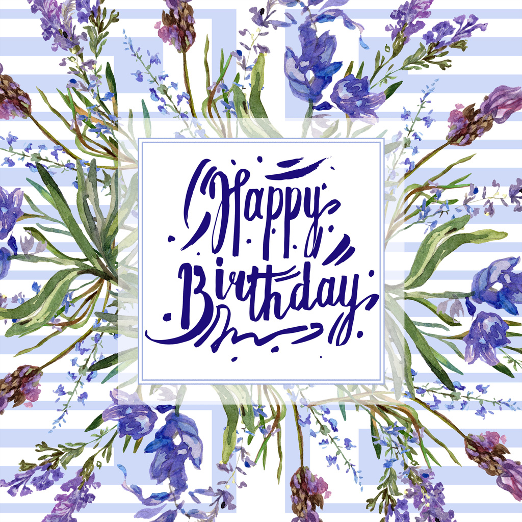 紫のラベンダーの花 幸せな誕生日手書きモノグラム書道 美しい春の野草 水彩画背景イラスト フレーム境界線広場 ロイヤリティフリー写真 画像素材