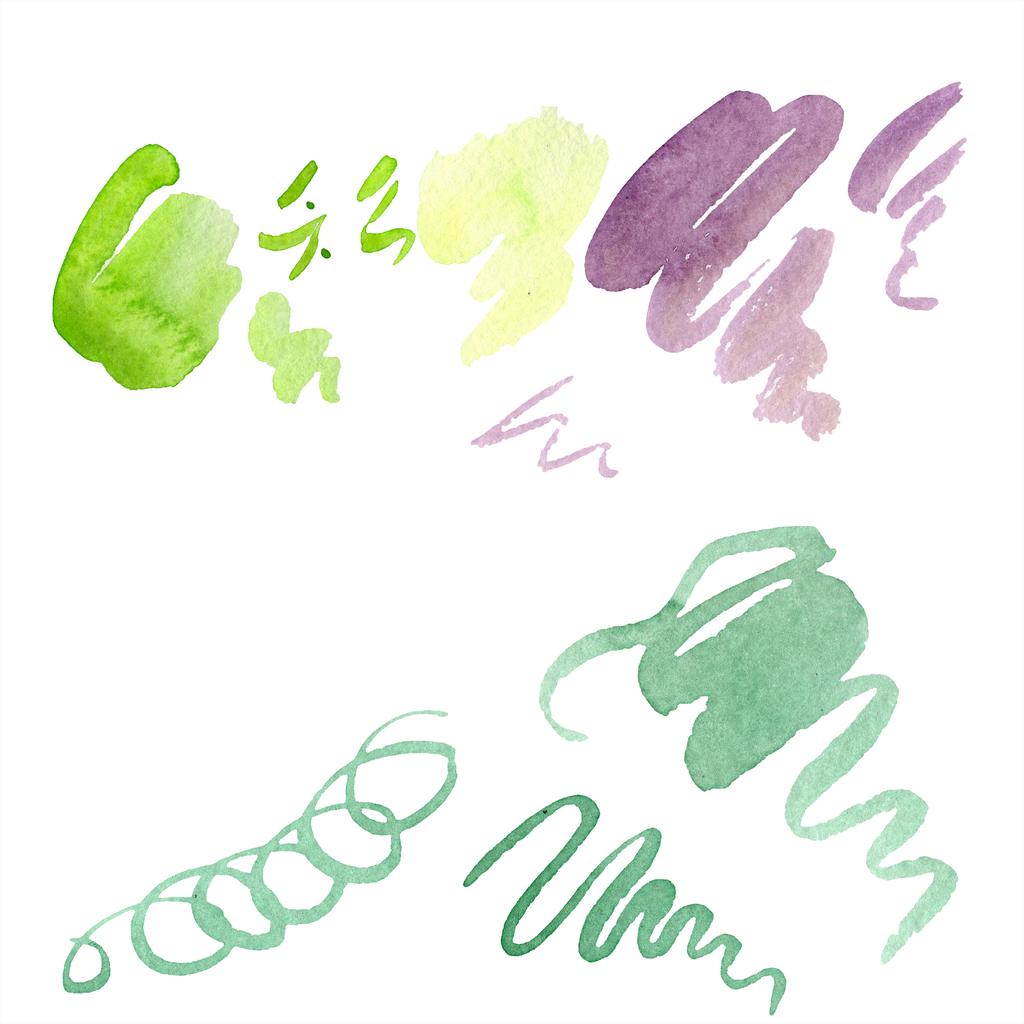 抽象的な緑 黄色と紫の Aquarelle テクスチャの背景にはね 水彩画背景イラスト セット アクワレル手描きの分離された汚れ ロイヤリティフリー写真 画像素材