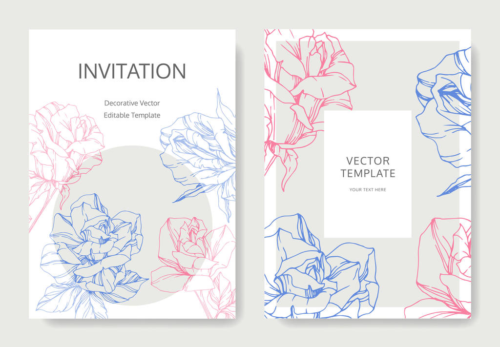 White cards with rose flowers. Wedding cards with floral decorative engraved ink art. Thank you, rsvp, invitation elegant cards illustration graphic set banners.