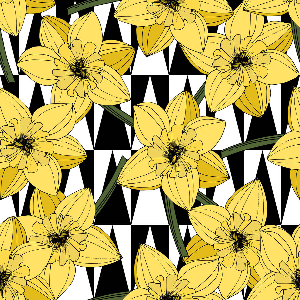 水仙の花をベクトルします 黄色の刻まれたインク アート シームレス パターン 生地の壁紙が白い背景のテクスチャ を印刷します ロイヤリティフリーのベクターグラフィック画像