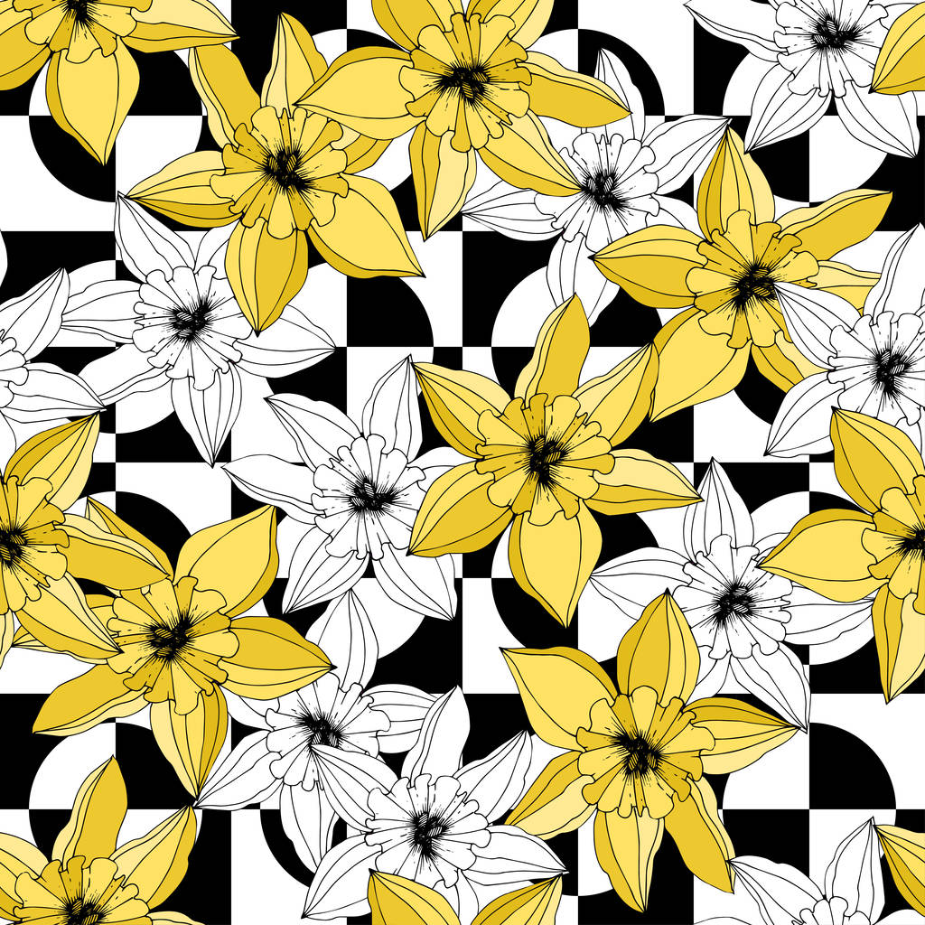 水仙の花をベクトルします 黄色の刻まれたインク アート シームレス パターン 生地の壁紙が白い背景のテクスチャ を印刷します ロイヤリティフリーのベクターグラフィック画像