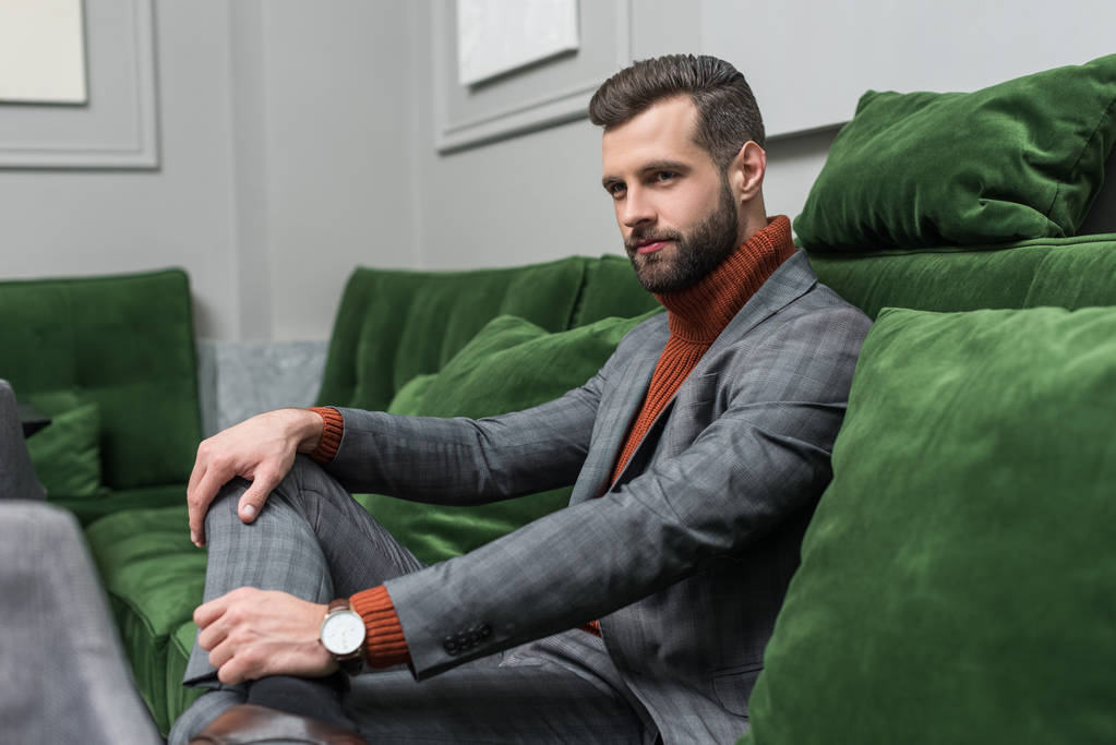 緑のソファーに座って足を組んで正式な摩耗で自信を持って男性 ロイヤリティフリー写真 画像素材