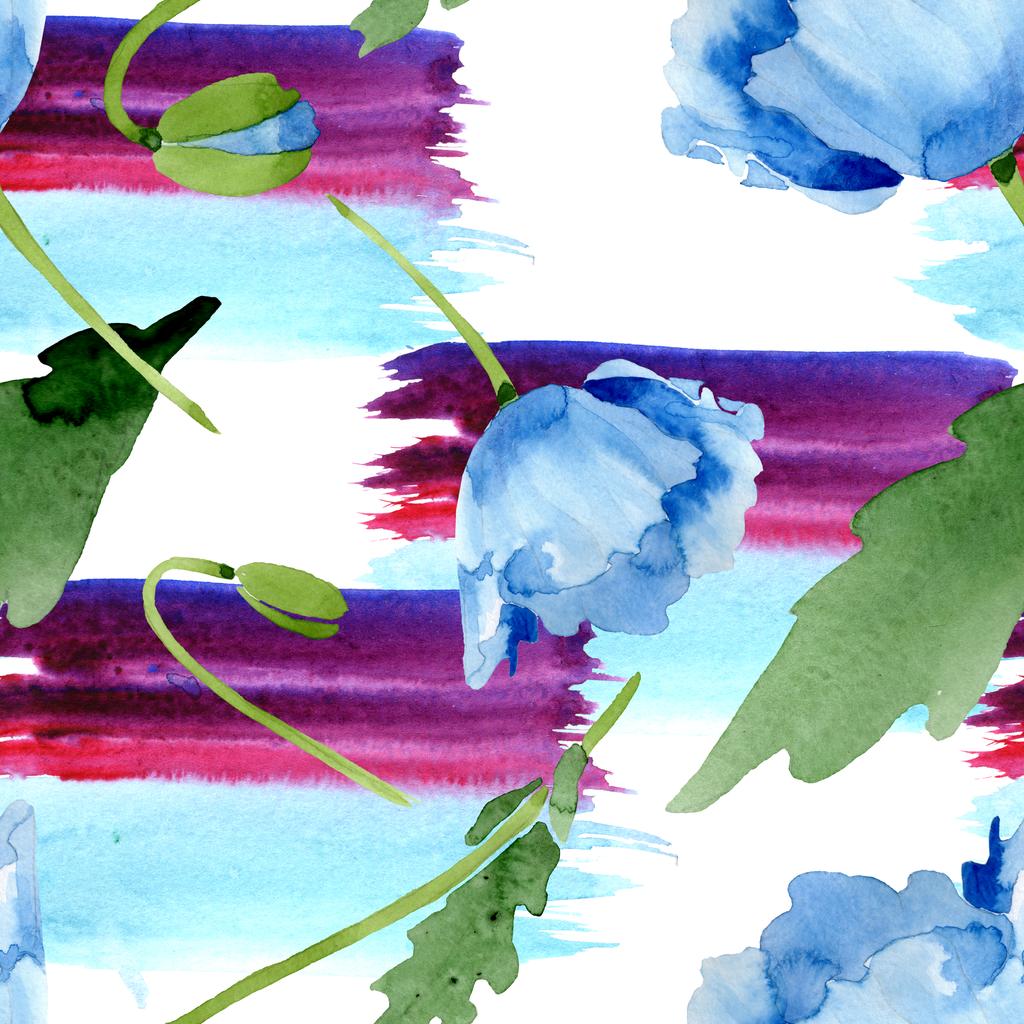 美しい白で隔離緑の葉と青いけしの花 水彩画背景イラスト 水彩 Aquarelle シームレスな背景パターン 壁紙印刷手触りの生地 ロイヤリティフリー写真 画像素材