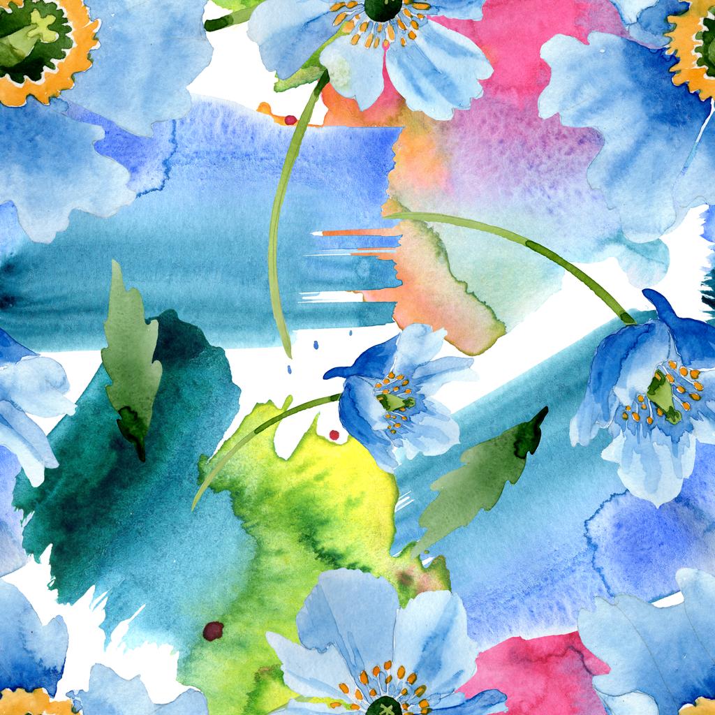 美しい白で隔離緑の葉と青いけしの花 水彩画背景イラスト 水彩 Aquarelle シームレスな背景パターン 壁紙印刷手触りの生地 ロイヤリティフリー写真 画像素材