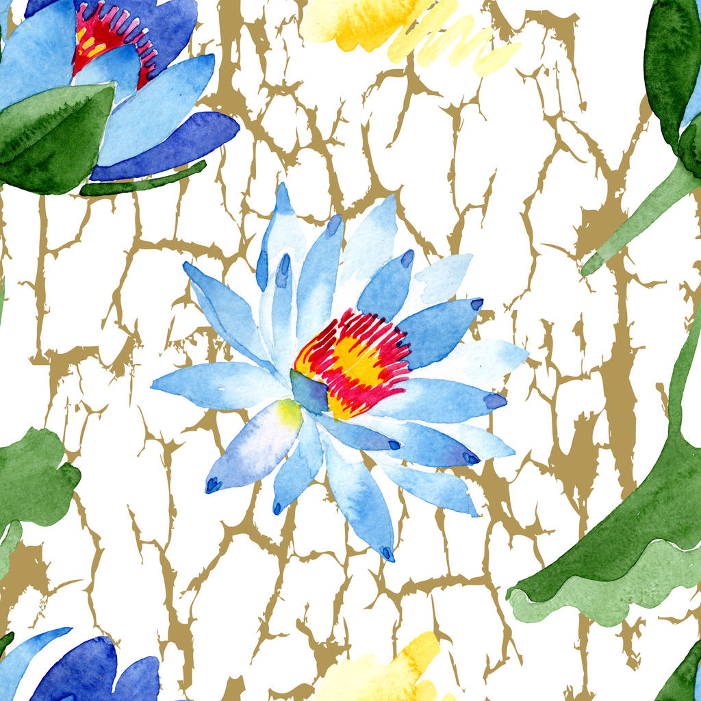 青い蓮の花 水彩画背景イラスト 水彩 Aquarelle シームレスな背景パターン 壁紙印刷手触りの生地 ロイヤリティフリー写真 画像素材