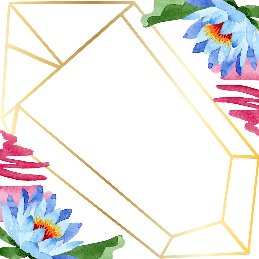 美しい青蓮の花は 白で隔離 水彩画背景イラスト 水彩 Aquarelle フレーム枠の飾り 結晶ダイヤモンド ロック宝石鉱物 ロイヤリティフリー写真 画像素材