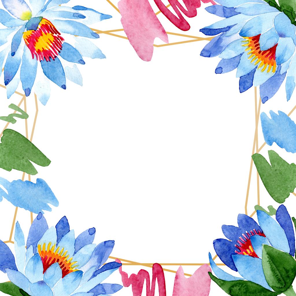 美しい青蓮の花は 白で隔離 水彩画背景イラスト 水彩描画ファッション Aquarelle フレーム枠飾り ロイヤリティフリー写真 画像素材