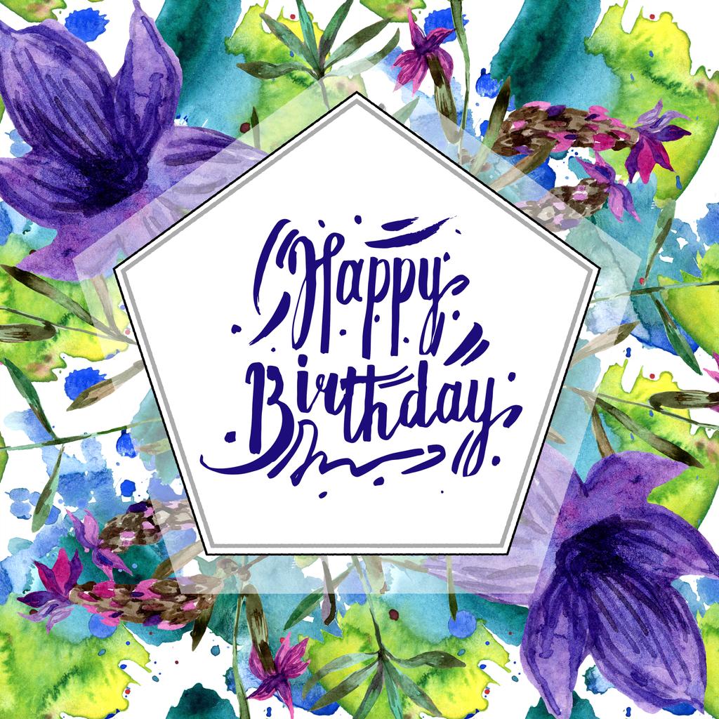 美しい紫色のラベンダーの花は白で隔離 水彩画背景イラスト 水彩描画ファッション Aquarelle フレーム枠の飾り お誕生日おめでとうカード ロイヤリティフリー写真 画像素材