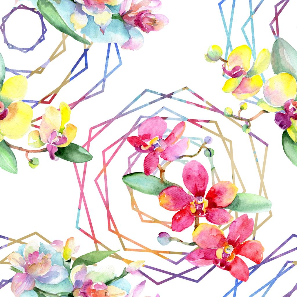 緑の葉を持つ美しい蘭の花 水彩画背景イラスト シームレスな背景パターン 壁紙印刷手触りの生地 ロイヤリティフリー写真 画像素材