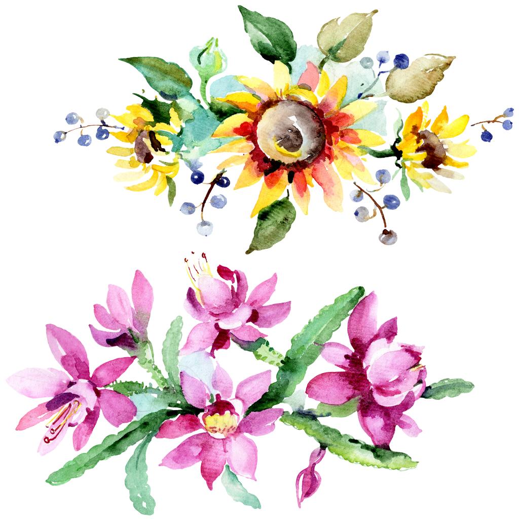白い背景の上の美しい水彩画花 水彩描画 Aquarelle イラスト 花の図要素の分離の花束 ロイヤリティフリー写真 画像素材