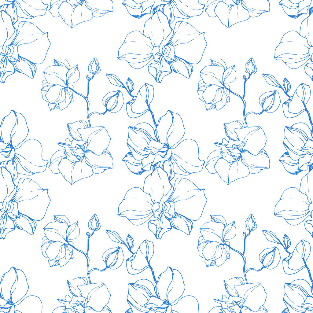Beautiful blue orchid flowers. Engraved ink art. Seamless background pattern. Fabric wallpaper print texture.