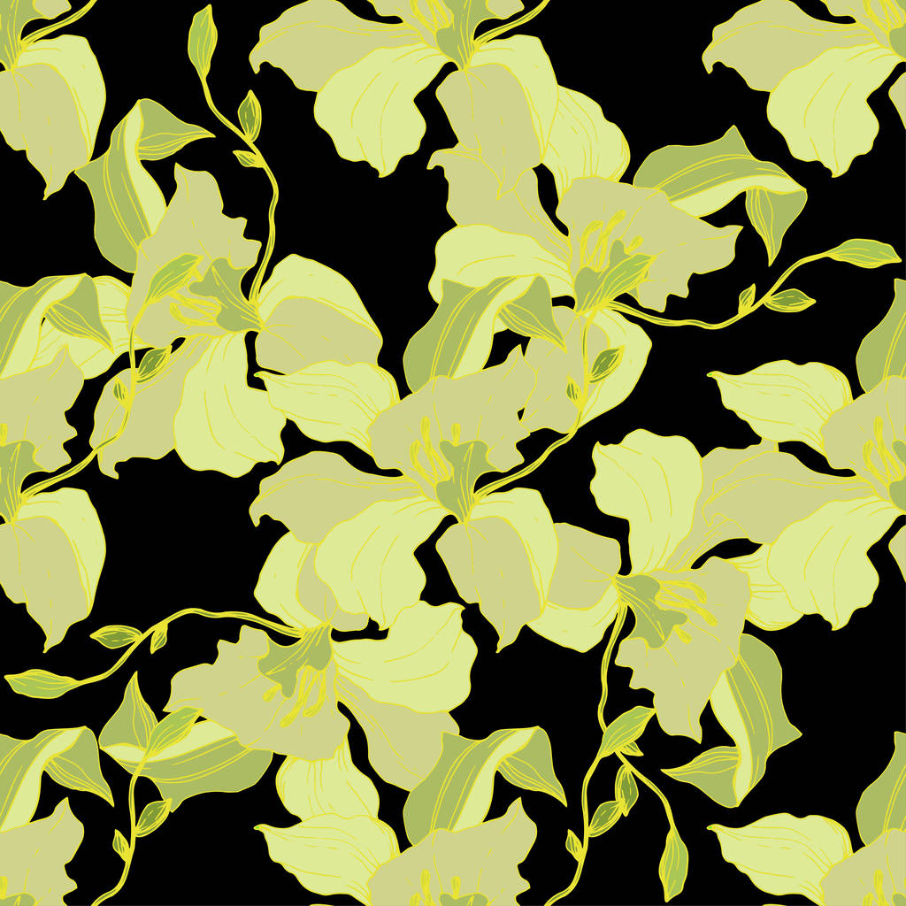 美しい黄色の蘭の花 シームレスな背景パターン 壁紙印刷手触りの生地 黒い背景に刻まれたインク アート ロイヤリティフリーのベクターグラフィック画像