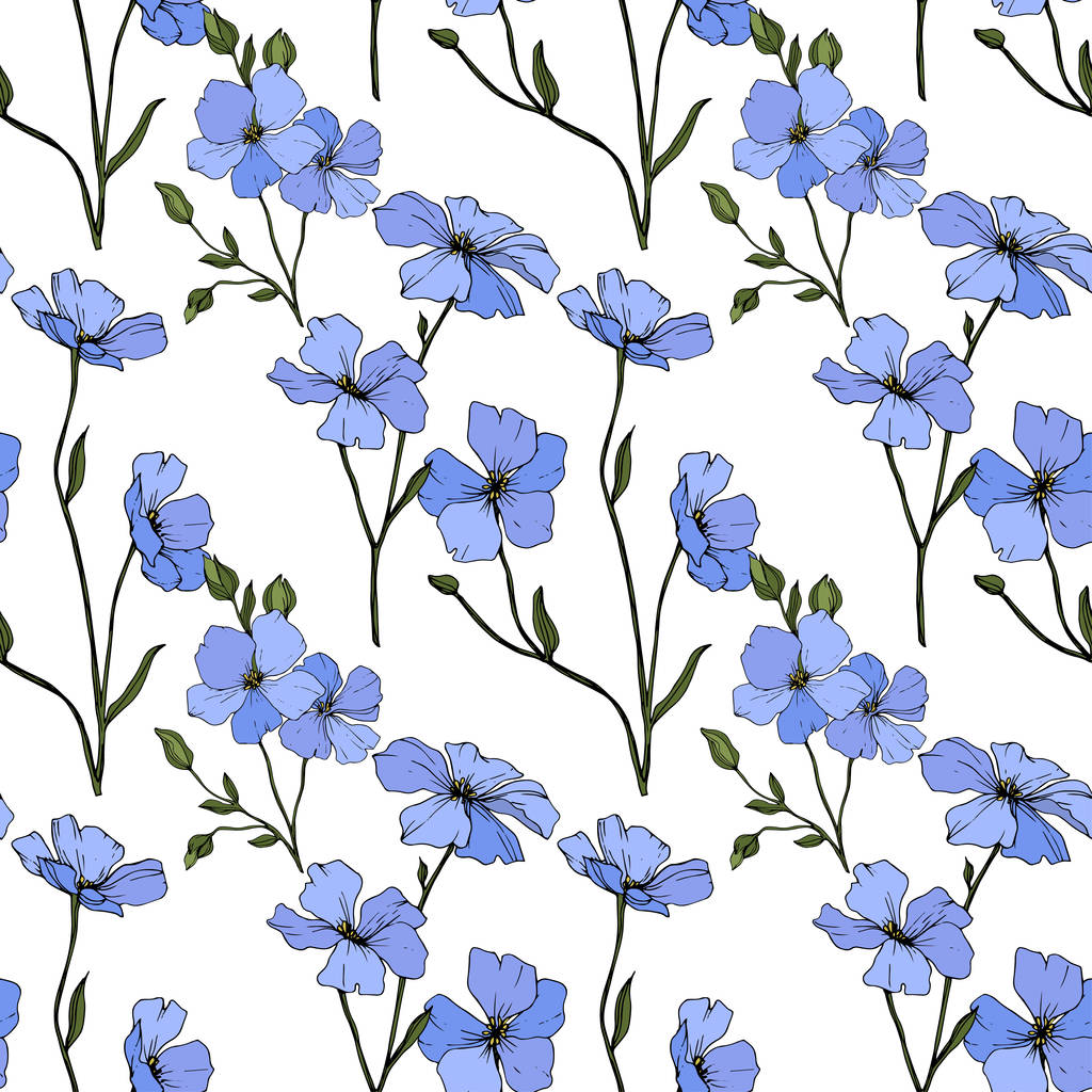 美しい青い亜麻の花 刻まれたインク アート 白い背景の上のシームレスなパターン 壁紙印刷手触りの生地 ロイヤリティフリーのベクターグラフィック画像