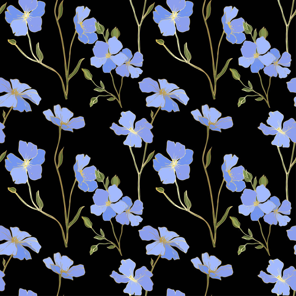ベクトル 青い亜麻の花 春の野の花 刻まれたインク アート 黒い背景にシームレス パターン 壁紙 印刷手触りの生地 ロイヤリティフリーのベクターグラフィック画像