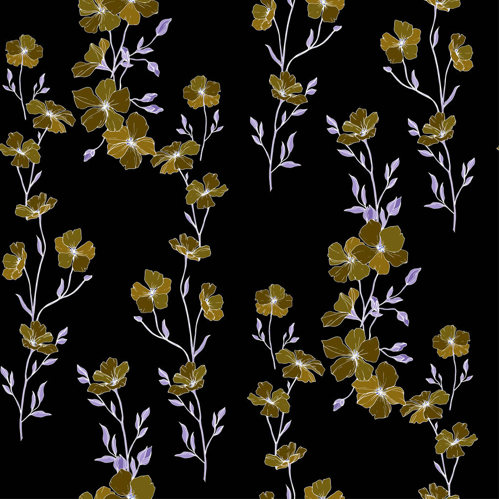 ベクトル 亜麻の花 刻まれたインク アート 黒い背景にシームレス パターン 壁紙印刷手触りの生地 ロイヤリティフリーのベクターグラフィック画像