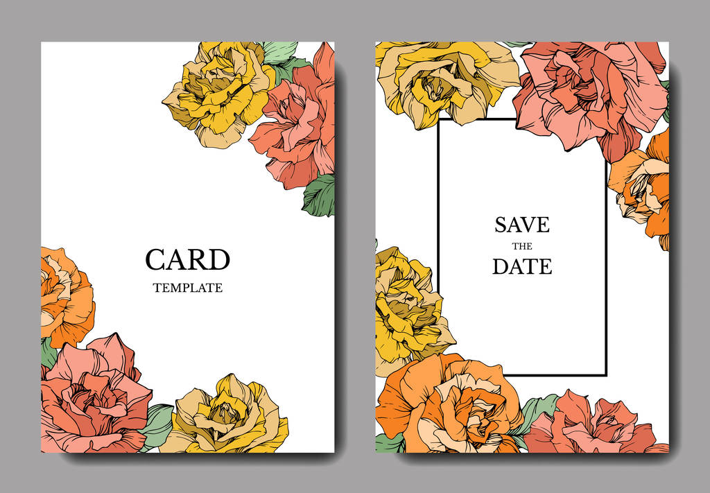 Vector rose flowers. Wedding cards with floral borders. Thank you, rsvp, invitation elegant cards illustration graphic set.