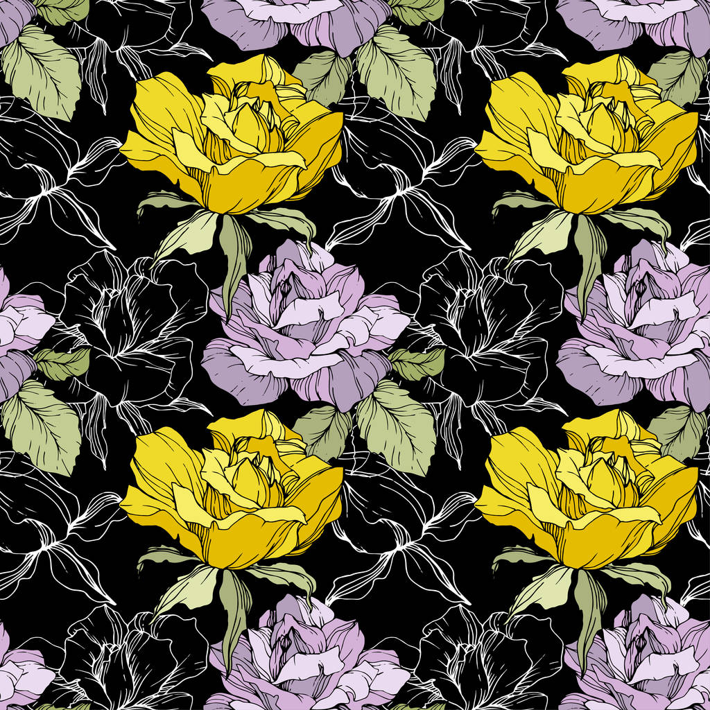 黄色と紫のバラ 刻まれたインク アート シームレスな背景パターン 織物壁紙は 黒の背景にテクスチャを印刷します ロイヤリティフリーのベクターグラフィック画像