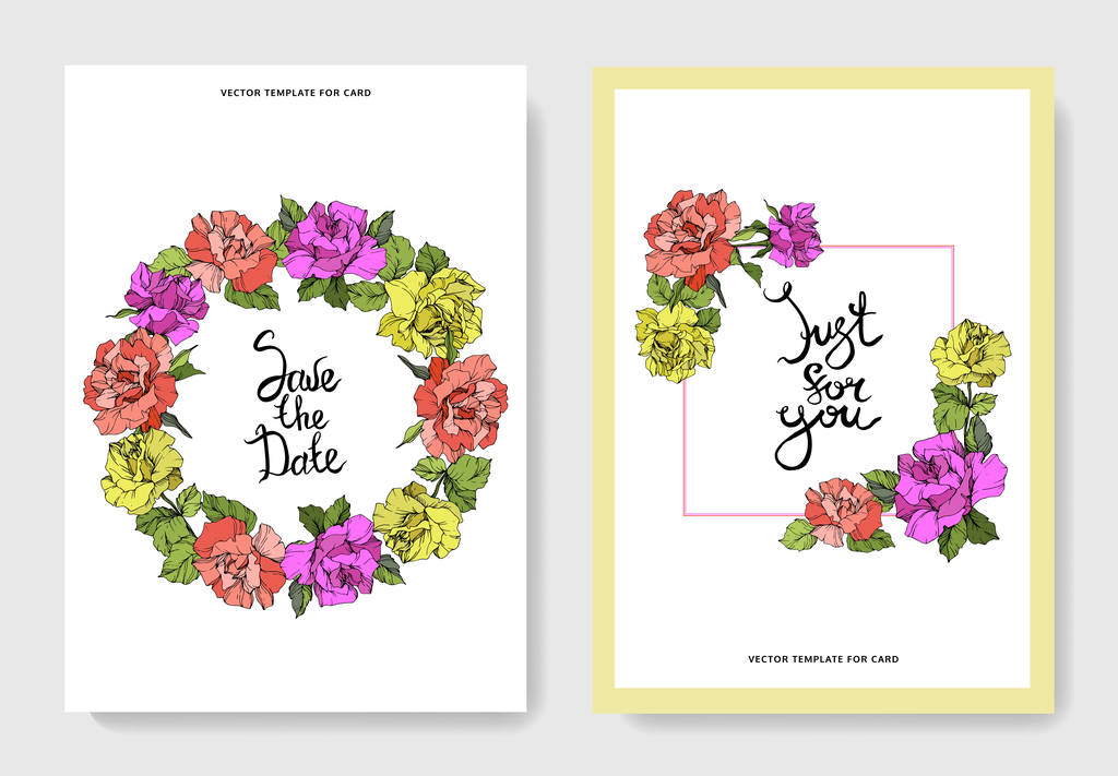 ベクトル カード上のサンゴ 黄色と紫のローズの花 結婚式の花の装飾的なボーダーをカード ありがとう Rsvp 招待エレガントなカード イラスト グラフィック セット 刻まれたインク アート ロイヤリティフリーのベクターグラフィック画像