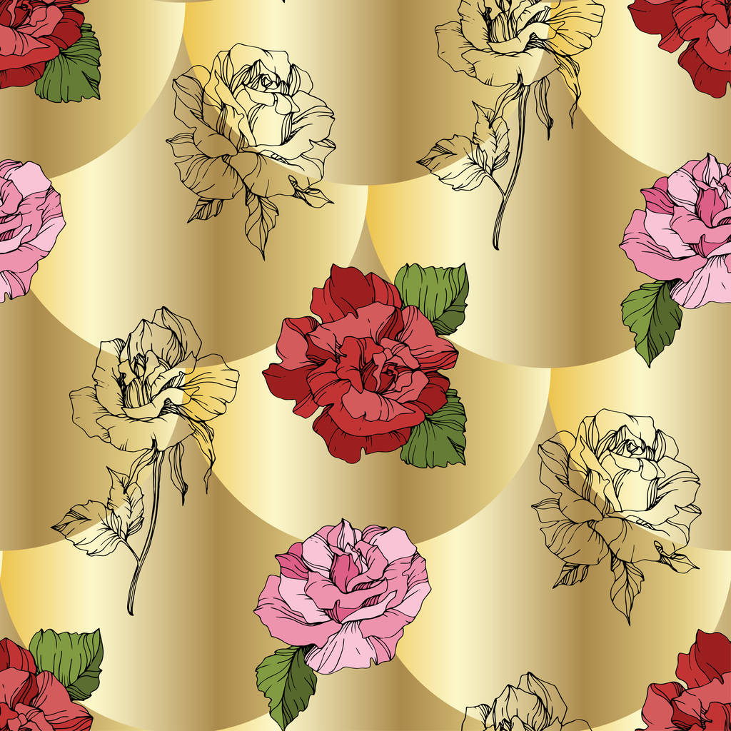 ベクトル ピンクと赤のバラの花 刻まれたインク アート シームレスな背景パターン 織物壁紙は金色の背景にテクスチャ を印刷します ロイヤリティフリーのベクターグラフィック画像