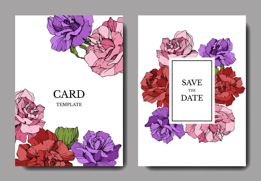 カードに美しいバラの花 結婚式の花の装飾的なボーダーをカード ありがとう Rsvp 招待エレガントなカード イラスト グラフィック セット 刻まれたインク アート ロイヤリティフリーのベクターグラフィック画像