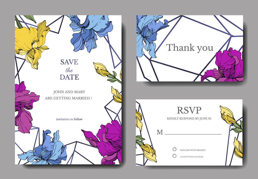 Vector irises. Engraved ink art. Wedding background cards with decorative flowers. Thank you, rsvp, invitation cards graphic set banner.
