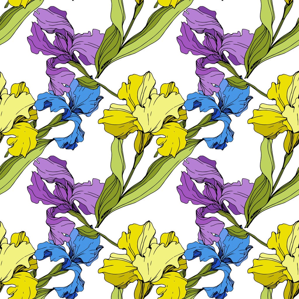 ベクトルの黄色 青 紫のアヤメ カラフルなワイルドフラワーが白で隔離 刻まれたインク アート シームレスな背景パターン プリントのテクスチャーを壁紙 します ロイヤリティフリーのベクターグラフィック画像