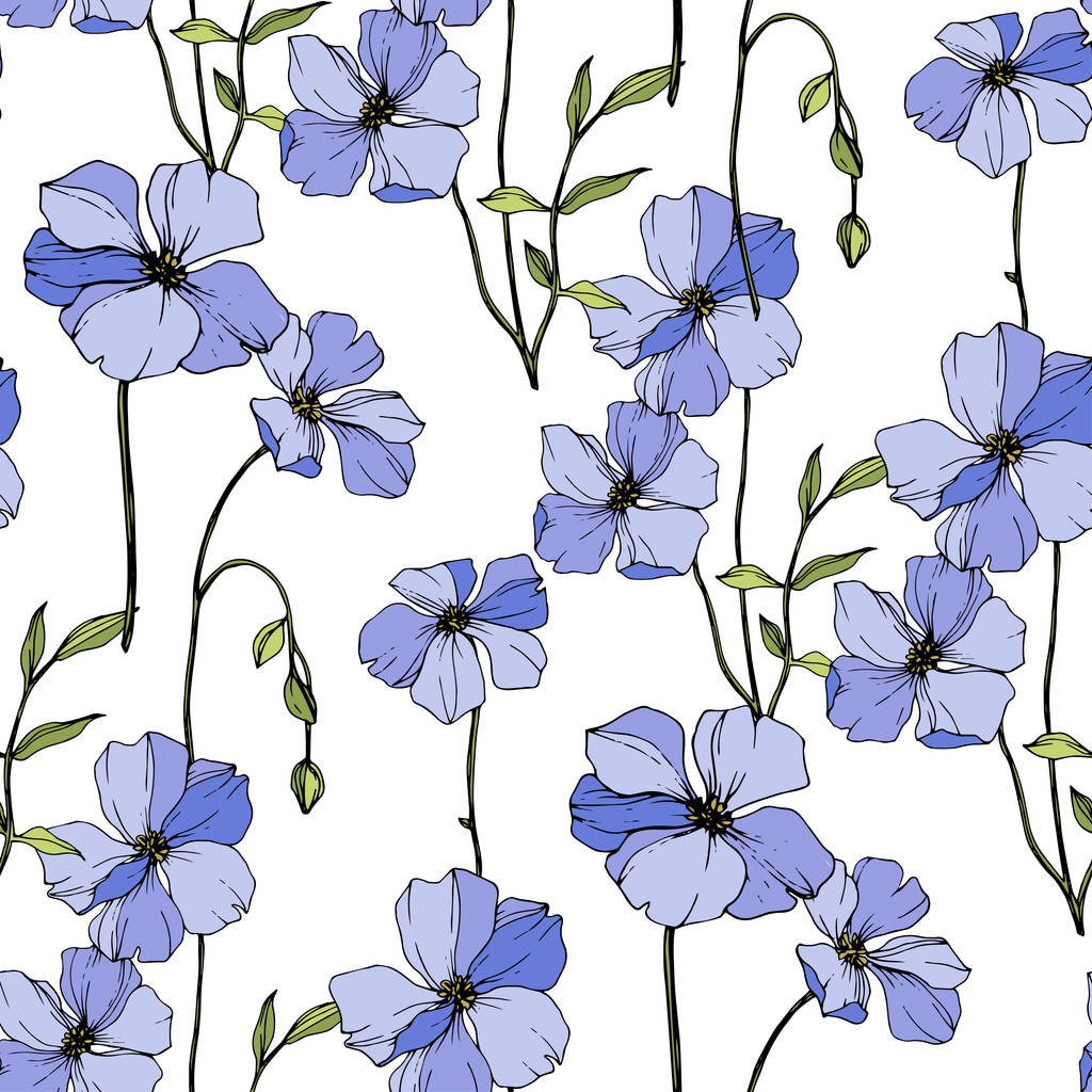 青い亜麻をベクトルします 野生の花が白で隔離 刻まれたインク アート シームレスな背景パターン プリントのテクスチャーを壁紙 します ロイヤリティフリーのベクターグラフィック画像