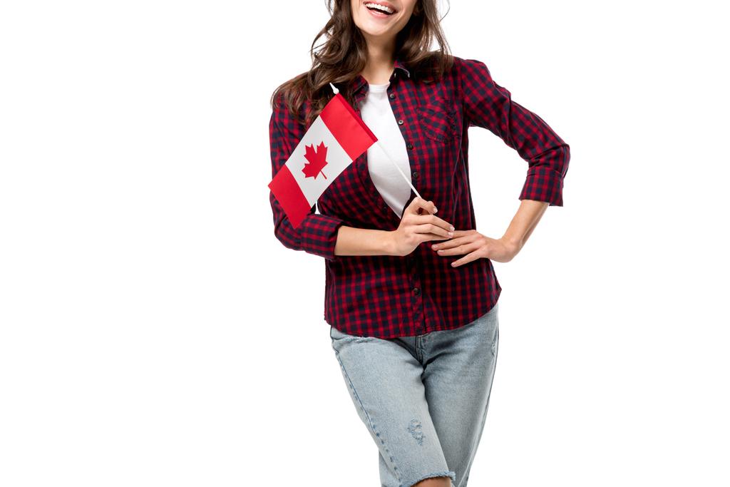 股関節保持カナダ国旗の白で隔離の手と女性のトリミング ビュー ロイヤリティフリー写真 画像素材