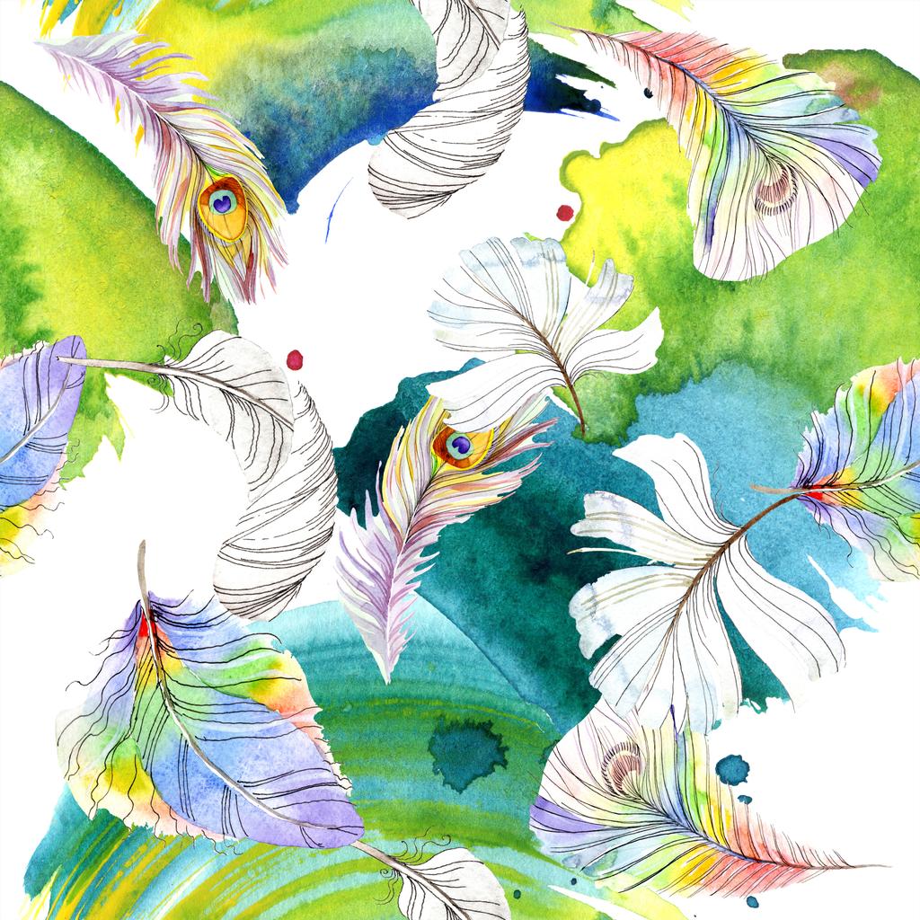 分離された翼からカラフルな鳥の羽 水彩画背景イラスト セット 水彩描画のファッション Aquarelle 分離します シームレスな背景パターン 壁紙印刷手触りの生地 ロイヤリティフリー写真 画像素材