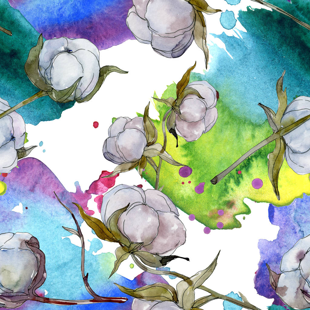 白い綿植物の花 野生春葉ワイルドフラワー 水彩イラスト セット 水彩描画のファッション Aquarelle 分離します シームレスな背景パターン 壁紙印刷手触りの生地 ロイヤリティフリー写真 画像素材