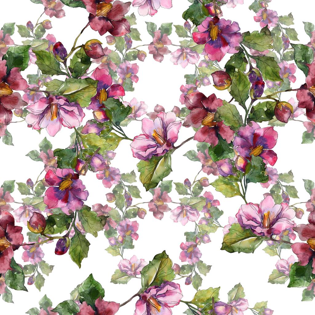 赤と紫の椿の花 水彩イラスト セット シームレスな背景パターン 壁紙印刷手触りの生地 ロイヤリティフリー写真 画像素材
