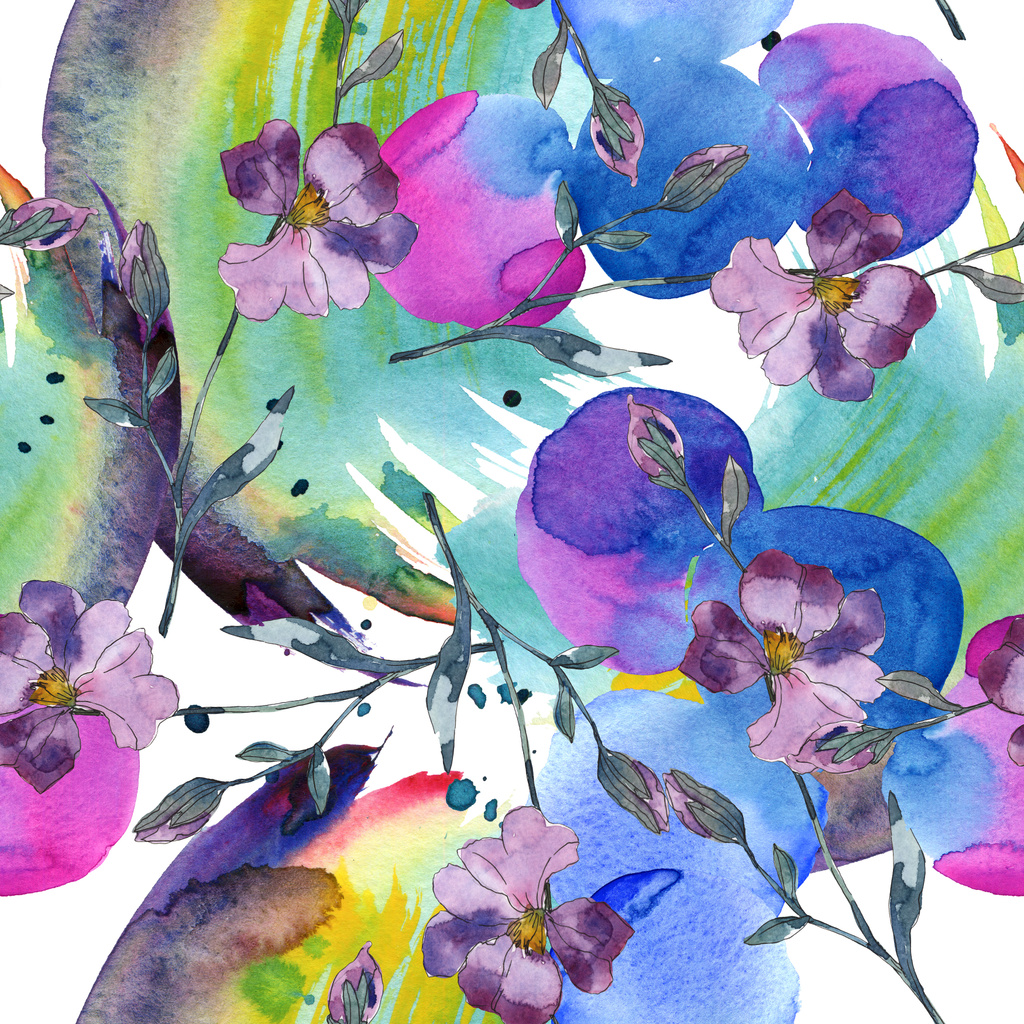 青い紫色亜麻花植物の花 野生春葉が分離されました 水彩イラスト セット 水彩描画ファッション Aquarelle シームレスな背景パターン 壁紙印刷手触りの生地 ロイヤリティフリー写真 画像素材