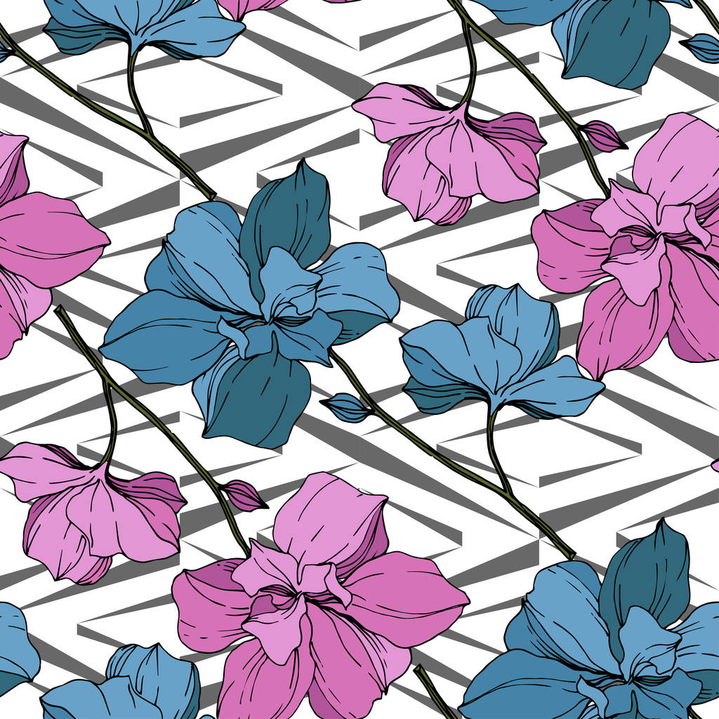 白地幾何学的ベクトルの青とピンク蘭 シームレスな背景パターン 壁紙印刷手触りの生地 ロイヤリティフリーのベクターグラフィック画像