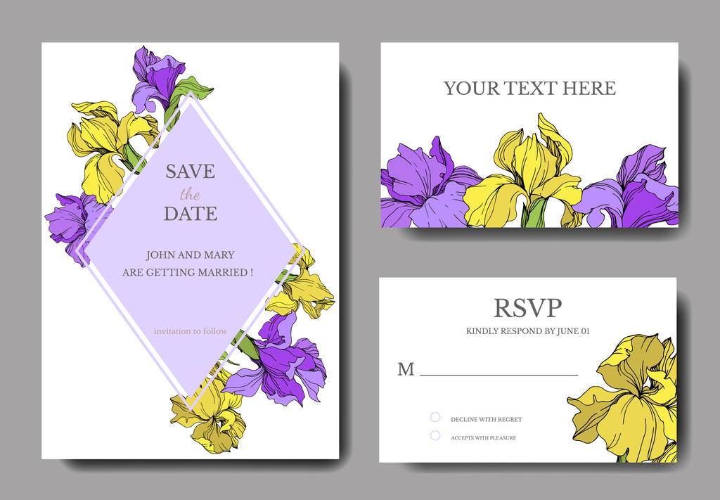 黄色と紫の菖蒲とベクトル エレガントな結婚式招待状 ロイヤリティフリーのベクターグラフィック画像